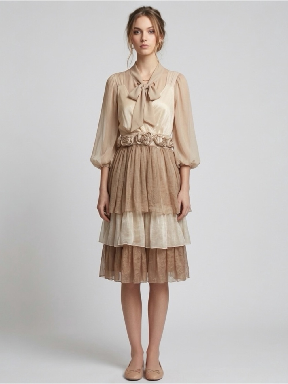 Pretty Angel Cream Tan Tiered Chiffon Fairy Dress Boho Festival Romantic XL